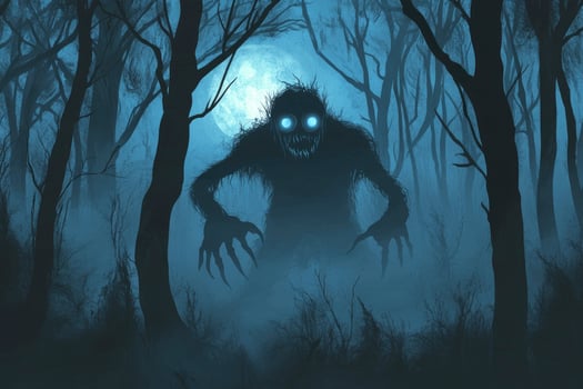 Monster in Dark Woods Illustration Glowing Eyes and Sharp Claws photo