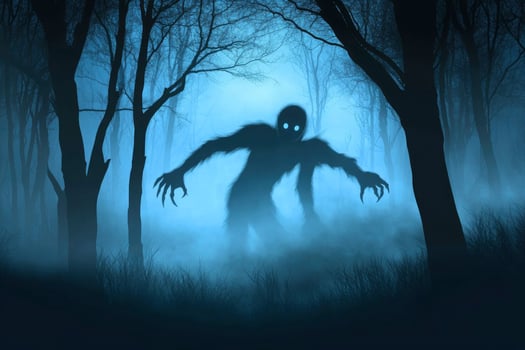 Silhouette Monster in Foggy Forest Night Scene Halloween Horror Concept photo