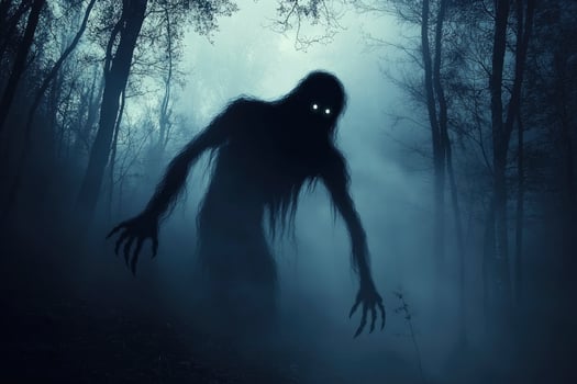 Creepy Monster Silhouette in Misty Forest with Glowing Eyes at Night photo
