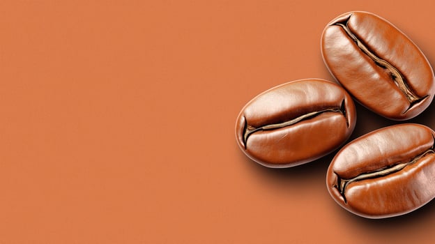 Three glossy, roasted coffee beans arranged on warm, textured brown surface, with copy space photo