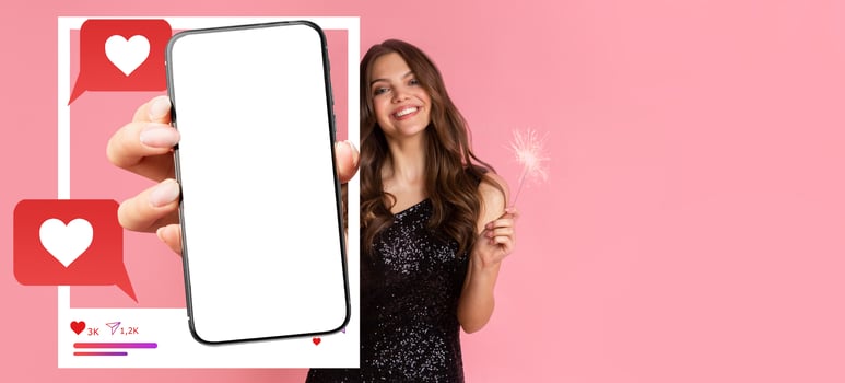 An influencer smiles while holding a smartphone with a blank screen, surrounded by social media icons. Her sparkling presence highlights online engagement and communication with others. photo