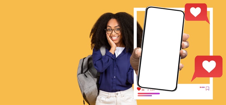 A cheerful influencer showcasing a blank smartphone screen, ready for social media. Bright background enhances the excitement of online chatting and messages. Ideal for social media enthusiasts. photo