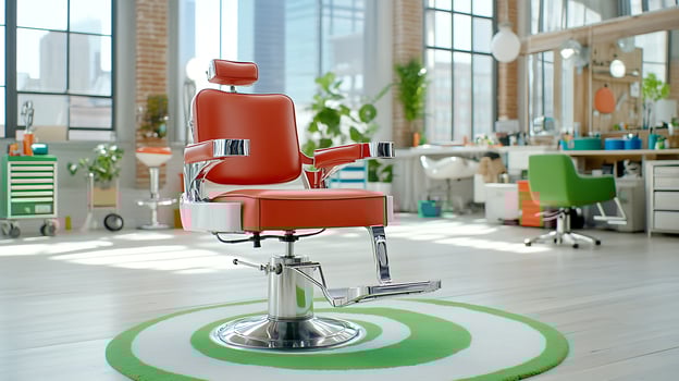 Retro Red Barber Chair in Modern Hair Salon Stylish Vintage Barbershop Interior Design photo
