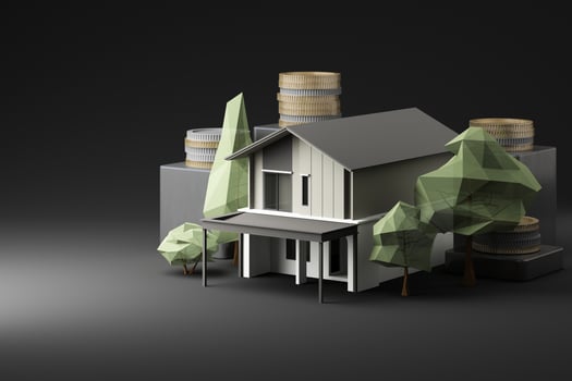 A modern house surrounded by stacked coins and geometric trees, symbolizing real estate investment and financial stability in a futuristic setting. 3d rendering. photo