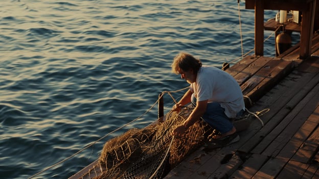 Elderly man mending fishing net on wooden dock at sunset photo