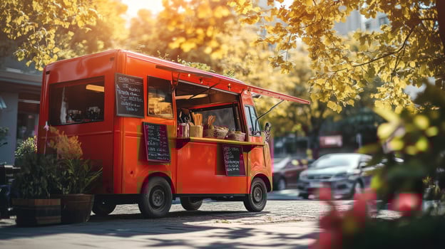 A cozy orange food truck surrounded by autumn leaves in a city setting. photo