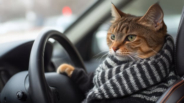 A stylish cat wearing a scarf looking out from the drivers seat. photo