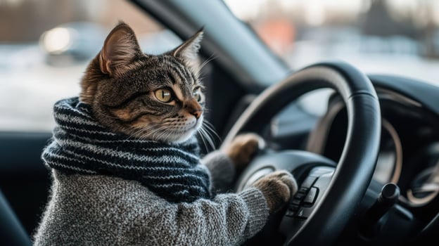 A cozy cat dressed in a sweater pretends to drive a car. photo
