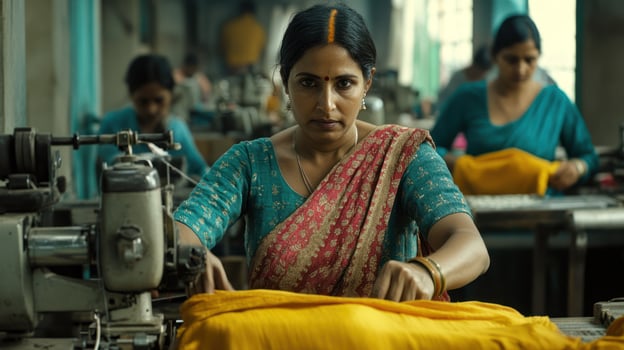 Focused woman sewing fabric in a vibrant textile factory setting. photo