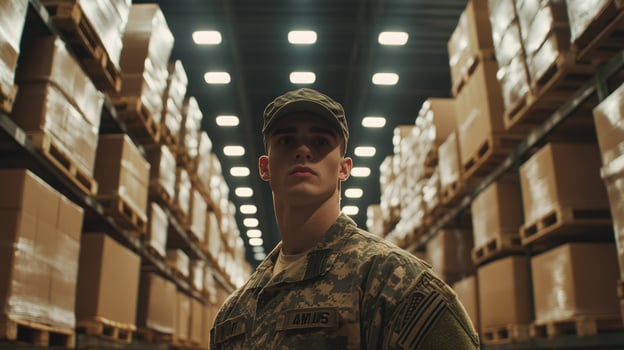 A soldier stands confidently in an industrial warehouse setting. photo