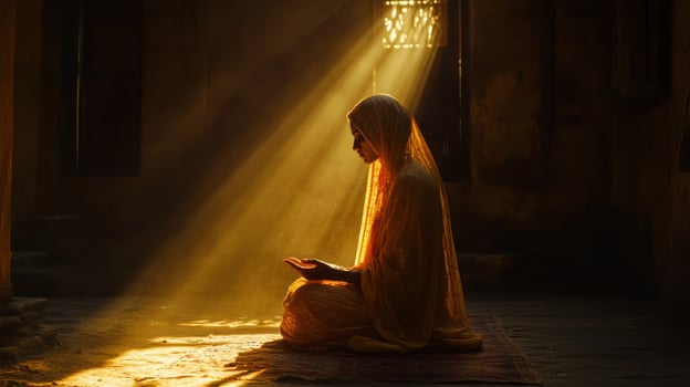 A serene woman meditating in soft light, capturing a moment of tranquility. photo