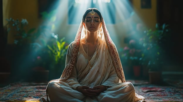 A serene woman meditating indoors with soft light and plants around. photo