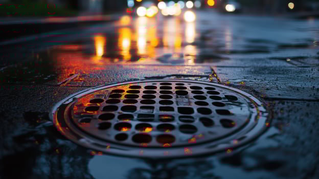 A close up of a wet manhole cover reflecting colorful city lights. photo