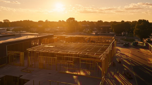 Construction site bathed in warm sunset light, showcasing framing progress. photo