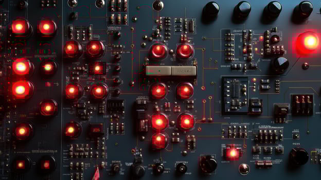 An abstract view of a glowing circuit board with red illuminated components. photo