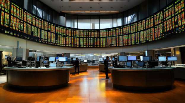 A modern trading floor showcasing financial data and active traders. photo