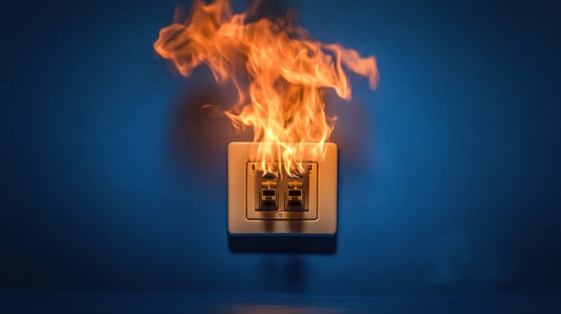 A burning electrical outlet against a blue wall, symbolizing danger. photo
