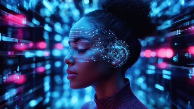 A futuristic portrait of a woman with digital elements surrounding her. photo