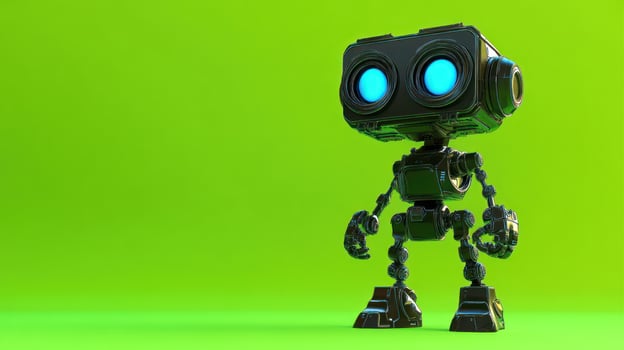 A playful, futuristic robot character on a vibrant green background. photo