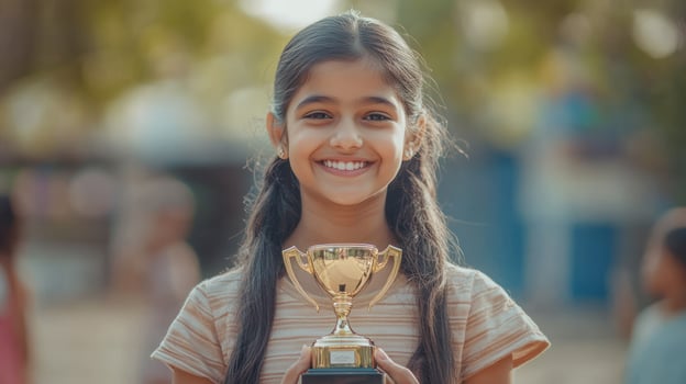 A joyful girl holding a trophy, celebrating her victory outdoors. photo