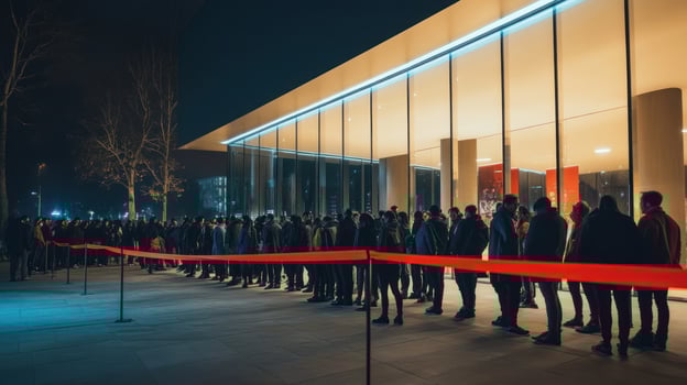 A long queue of people waiting outside a modern building at night. photo
