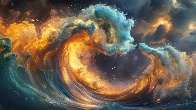 A dramatic ocean wave illuminated by vibrant orange and blue hues. photo