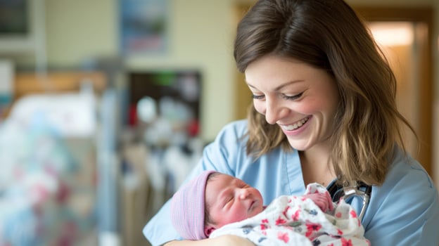 A joyful nurse cradles a newborn baby in a hospital setting. photo