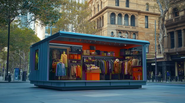 A vibrant outdoor clothing store showcasing trendy fashion merchandise. photo