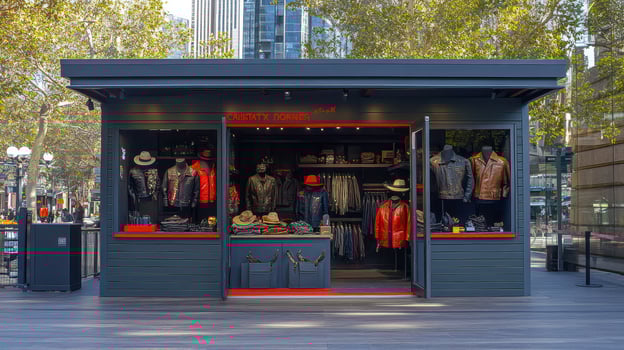 A vibrant outdoor clothing store showcasing stylish jackets and hats. photo