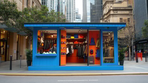 A modern retail store with vibrant blue and orange colors in an urban setting. photo