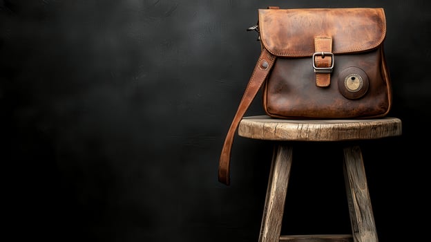 Rustic Brown Leather Messenger Bag on Wooden Stool Dark Background Stylish Vintage Accessory photo