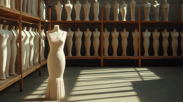 Elegant Beige Dress on Mannequin in Fashion Design Studio with Rows of Mannequins photo