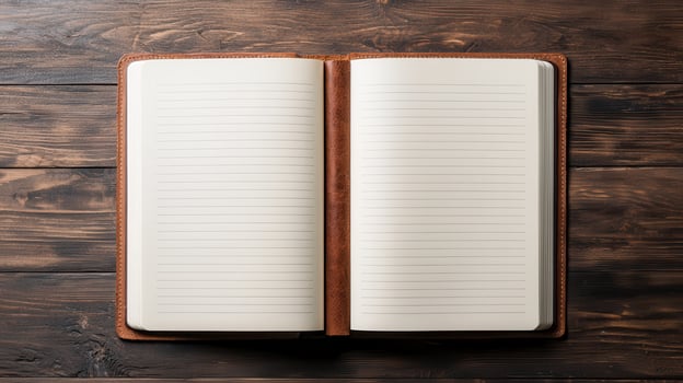 Open lined notebook with brown leather cover on wooden table Perfect for journaling note taking or planning photo