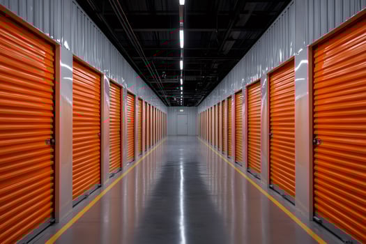 Long corridor with orange storage units in a warehouse photo