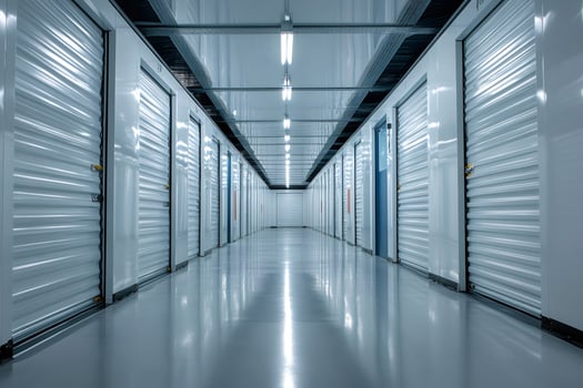 Long corridor with storage units and metal doors.. photo