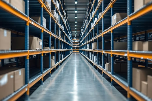 Large industrial warehouse aisle containing cardboard boxes .. photo
