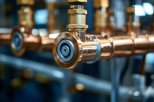 Copper pipes and valves controlling industrial process in modern factory photo
