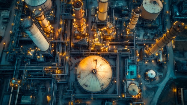 Oil refinery plant with complex pipeline system at twilight illuminating industrial landscape photo