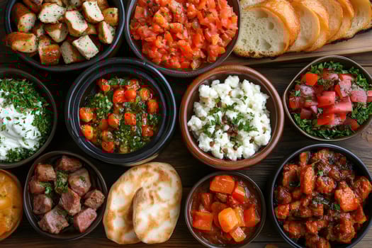 Variety of mediterranean dishes served in ceramic bowls on rustic wooden table photo