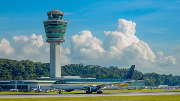 Airplane taxiing on runway near control tower with cumulus clouds photo