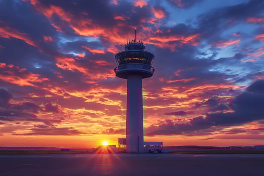 Airport control tower standing tall under a vibrant sunset sky photo
