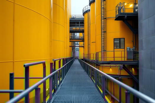 Metal walkway between large yellow industrial tanks photo