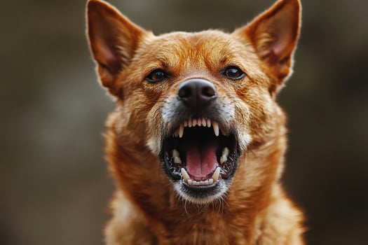 Brown dog showing teeth and snarling aggressively photo