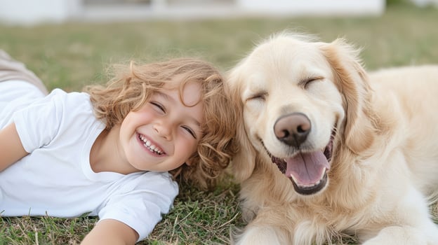 child and their pet dog enjoying joyful moment on grass together photo