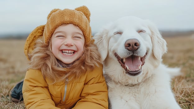 joyful child and smiling dog enjoying sunny day outdoors photo