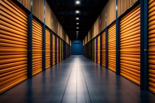 Long corridor with orange storage units and nobody around photo