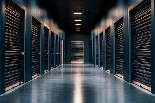 Long corridor with storage units and metal doors creating a perspective effect photo