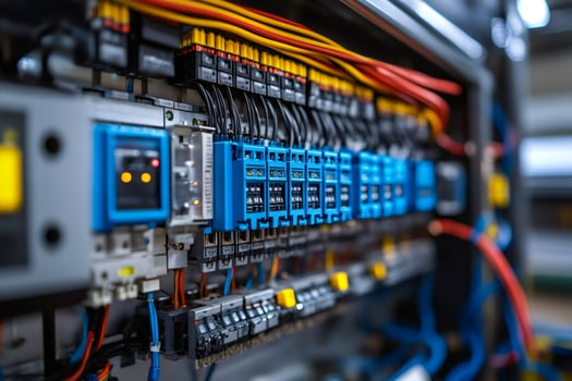 Electrical cabinet showing colorful wires and circuit breakers in a data center photo