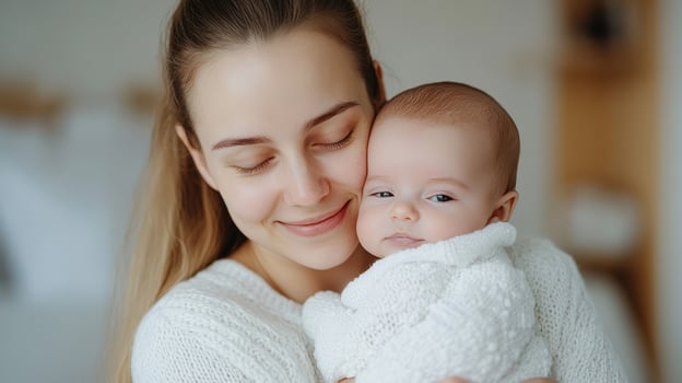 mother lovingly cradles her newborn baby, sharing tender moment together photo