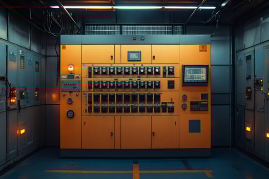 Large orange industrial electrical panel controlling power distribution in a control room photo